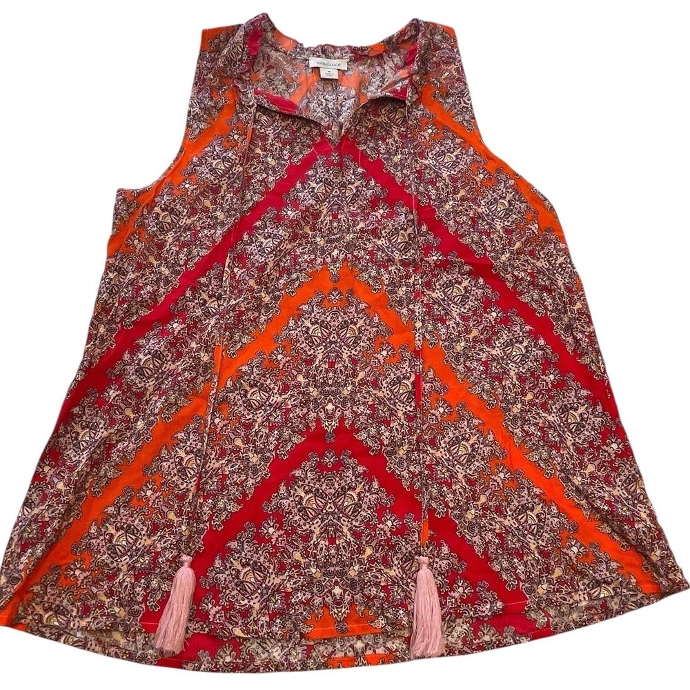 Sundance Top Sleeveless Tassels Top V Neck Floral Geometric Medium Rayon Boho